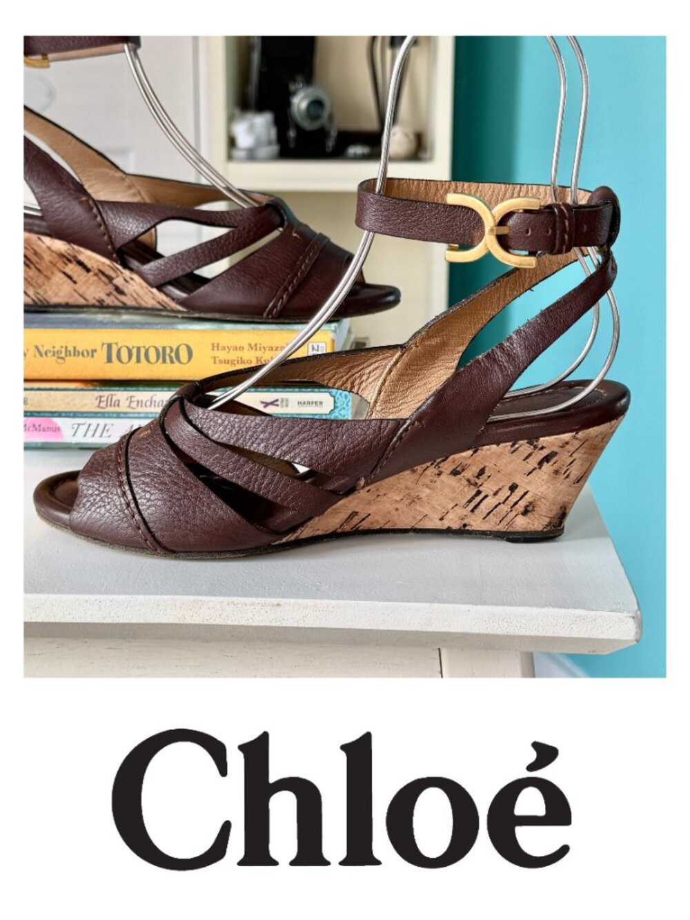 Chloe Strappy Leather Cork Wedge Slingback Sandals (6.5 US / EU 37.5) - Picture 6 of 10